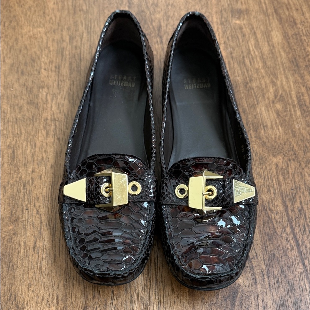 Stuart Weitzman Brown Snake-Embossed Loafers with Gold Buckle
